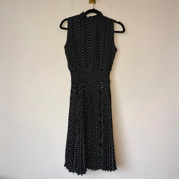 Nanette Lepore Black White Polka Dot Smocked Midi Dress Size 2 - Picture 3 of 5